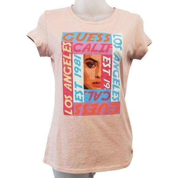 GUESS Graphic Shirt Top Women's SMALL Pink Blue Orange Glitter Short-Sleeve NEW - Picture 1 of 11